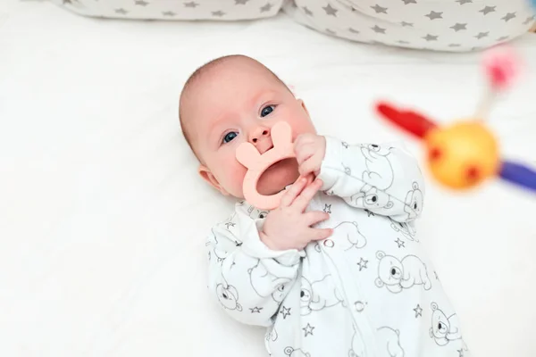 Happy Cute Newborn Baby Nibble Silicone Teether Crib Home — Stock Photo, Image