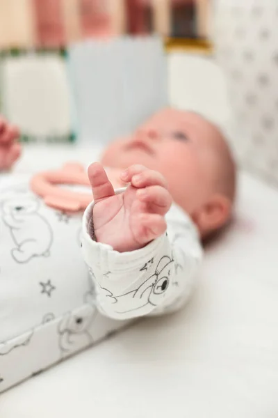 Baby Hand Close Cute Newborn Baby Crib Home — Stock Photo, Image