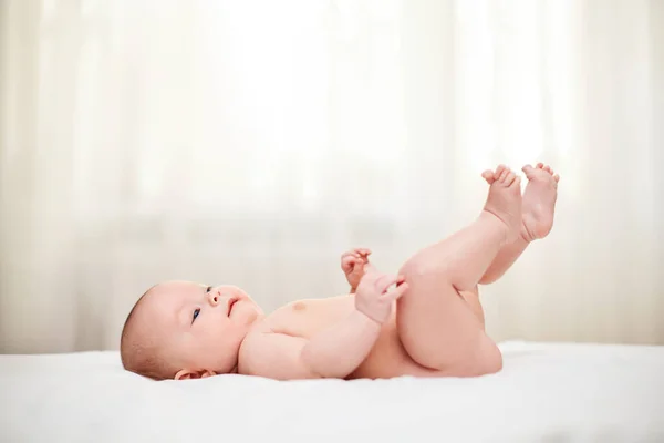 Cute Happy Little Baby Laying Bed Home — Stock Photo, Image