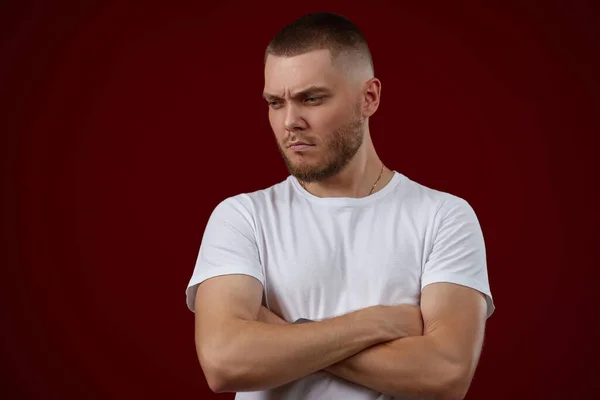 Young Handsome Man White Shirt Thinks Something Red Background — Stock fotografie