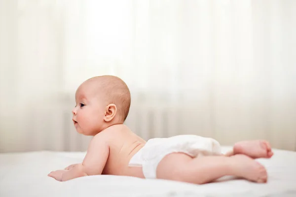 Cute Little Baby Diaper Laying Bed Copy Space — Stockfoto