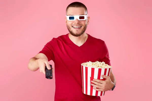 Smiling Man Glasses Using Remote Controller Watching Movie Holding Big — 图库照片
