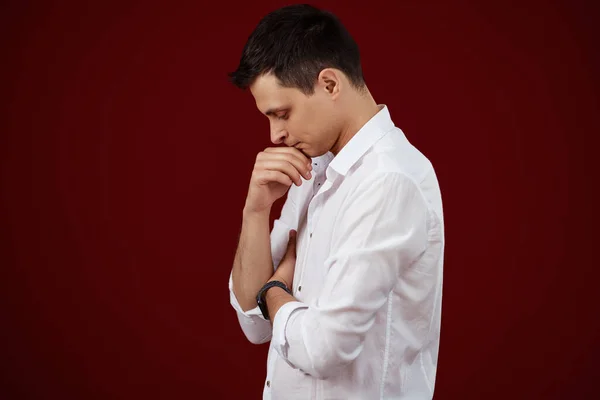 Thoughtful Man Holding Arms Folded Touching Chin Hand Looking Red — Stock Fotó