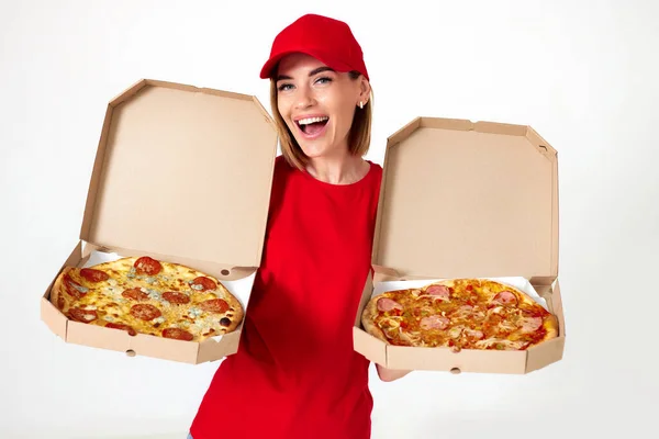Friendly Pizza Delivery Girl Red Uniform Showing Opened Boxes Delicious — Stock Photo, Image