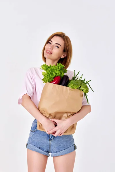 Young Caucasian Blonde Woman Casual Clothes Hold Paper Bag Groceries — 스톡 사진