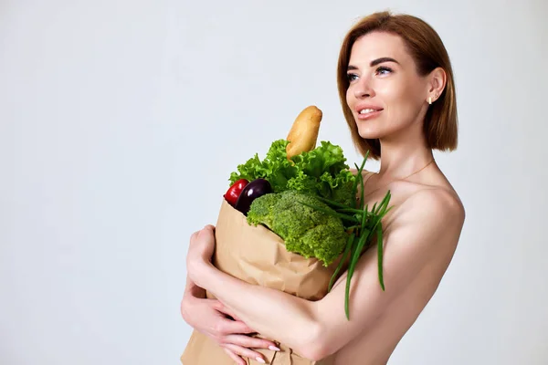 Beautiful Young Woman Holding Paper Bag Vegetables Gray Background Healthy — 스톡 사진