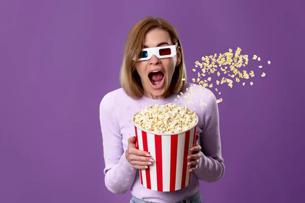 Scared Terrified Woman Glasses Watching Movie Film Holding Bucket Flying — ストック写真