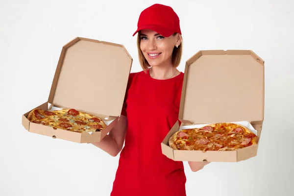 Pizza Delivery Girl Showing Showing Opened Boxes Delicious Pizza White — Stockfoto