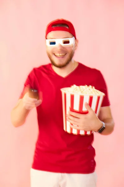 Smiling Man Glasses Using Console Watching Movie Isolated Pink Background — Φωτογραφία Αρχείου