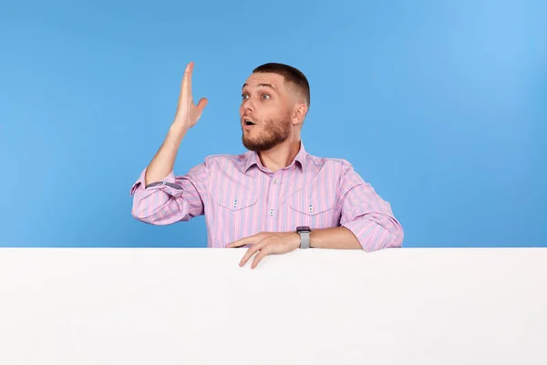 Surprised Man Forgets Important Thing Holds Board Empty Copy Space — Photo