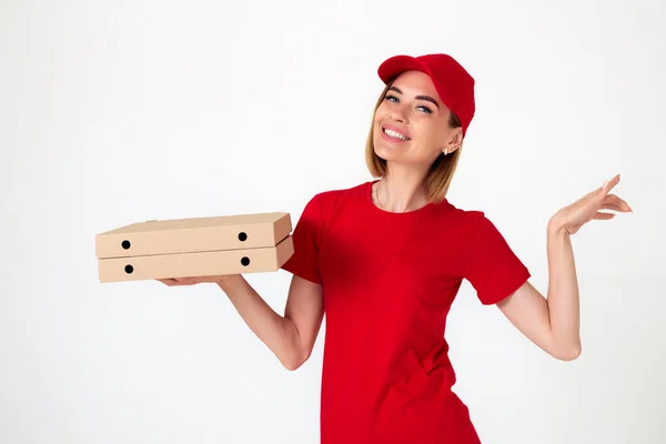 Smiling Pizza Delivery Woman Uniform Holding Pizza Boxes White Background — Stockfoto