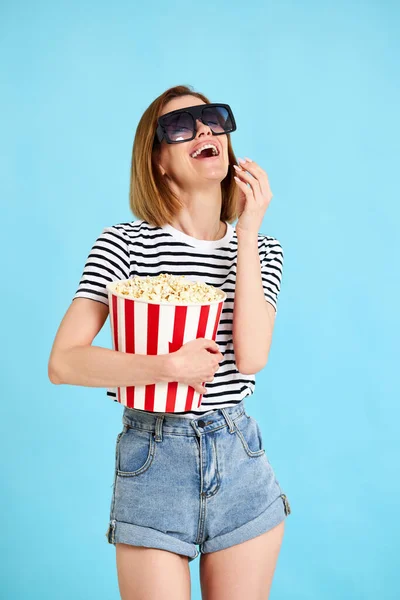 Woman Sunglasses Striped Shirt Jeans Denim Laughing Holding Bucket Popcorn — стоковое фото