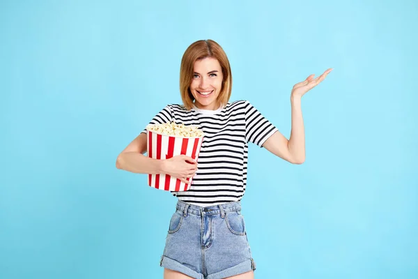 Woman Watching Movie Film Holding Bucket Popcorn Isolated Blue Background — стоковое фото
