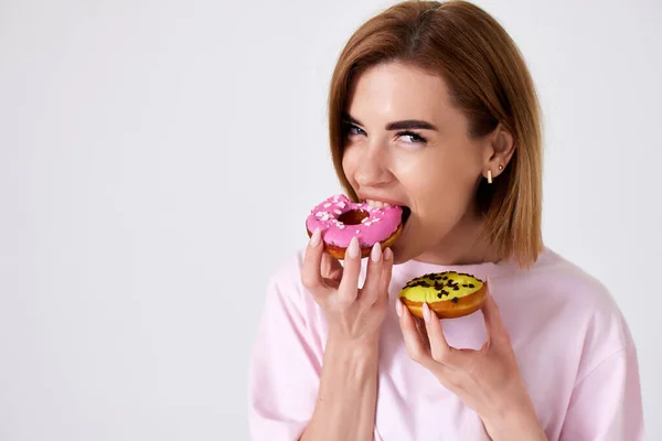 Smiling Beautiful Blonde Woman Biting Donuts Isolated White Background Copy — Foto de Stock