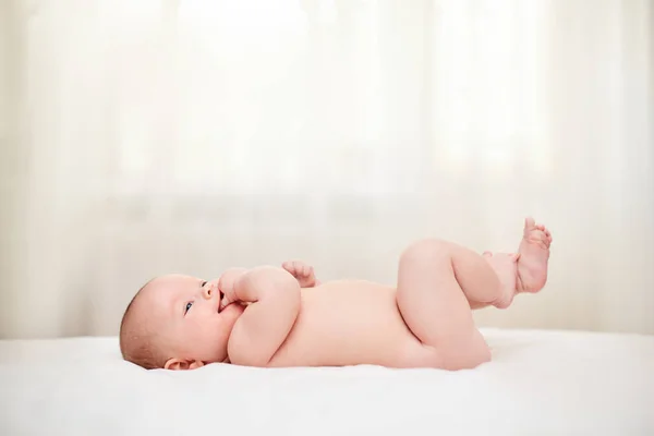 Cute Happy Little Baby Laying Bed Home — Stockfoto