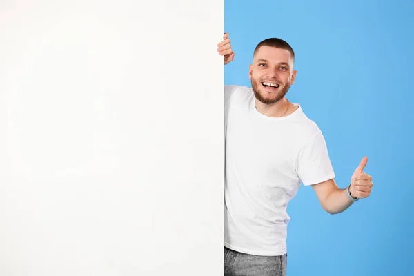 Portrait Cheerful Bearded Man Peeking Out Advertisement Whiteboard Showing Thumb — Foto Stock