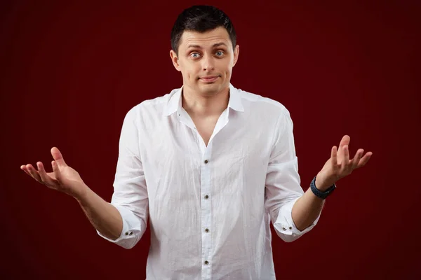 Oops Sorry Caucasian Mistaken Confused Man White Shirt Spreading Hands — Stockfoto