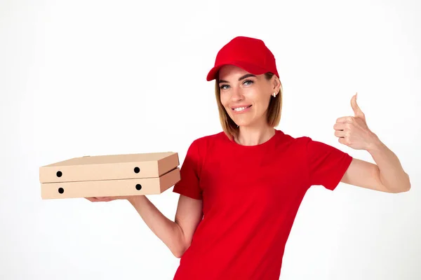 Friendly Pizza Delivery Woman Uniform Pizza Boxes Showing Thumbs White — Stockfoto