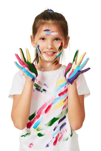 Happy Little Child Girl Hands Painted Colorful Paint Isolated White — Stockfoto