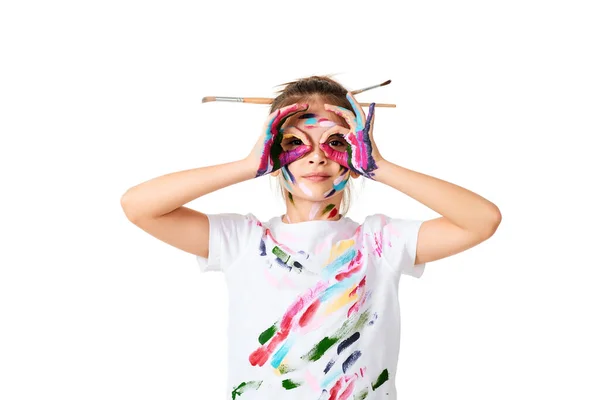 Funny Little Child Girl Colorful Paint Paintbrush Hair White Background — Stock Fotó