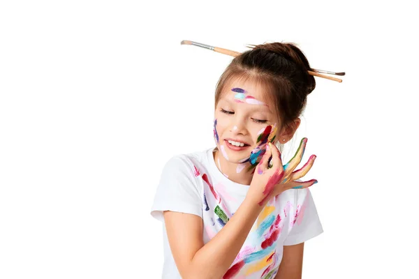 Funny Child Girl Colorful Paint Paintbrush Hair White Background — Stockfoto