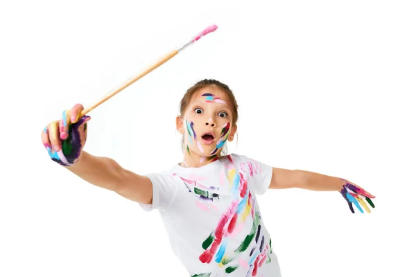 Very Excited Little Child Girl Colorful Paint Holding Brush One — Stok fotoğraf