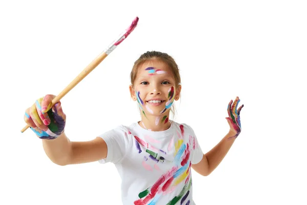 Little Child Girl Colorful Paint Holding Brush One Hand Isolated — 스톡 사진