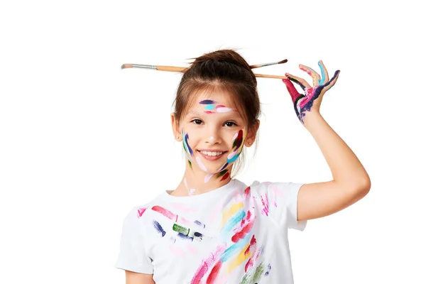 Happy Little Child Girl Colorful Paint Paintbrush Hair White Background — Stockfoto