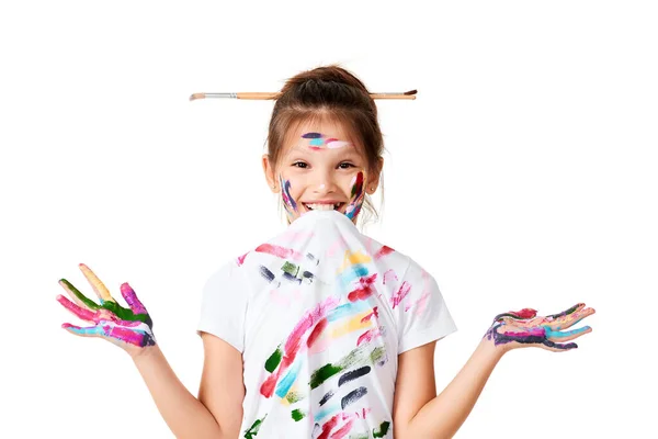 Happy Little Child Girl Colorful Paint Paintbrush Hair White Background — Photo