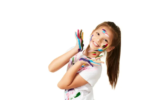 Smiling Little Child Girl Hands Painted Colorful Paint White Background — Foto de Stock