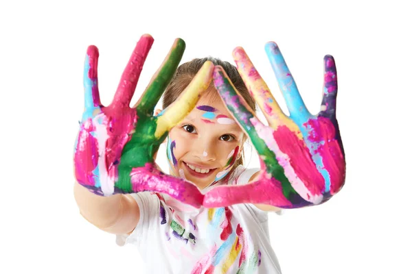 Happy Little Child Girl Showing Hands Painted Colorful Paint White — Foto Stock