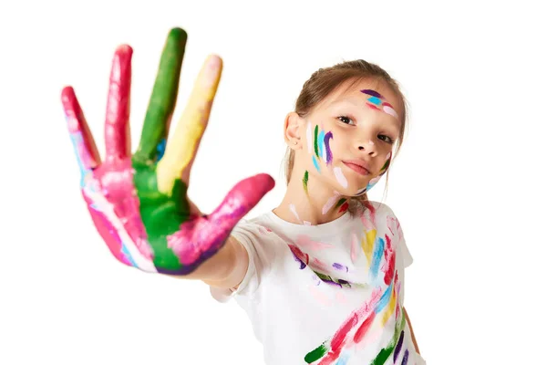 Happy Little Child Girl Showing Hands Painted Colorful Paint White — 스톡 사진
