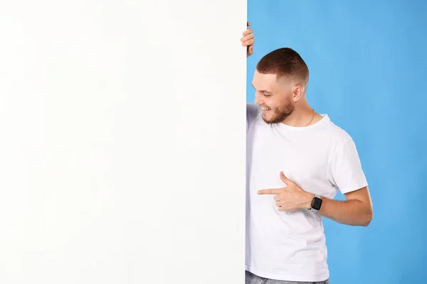 Portrait Friendly Man Point Finger Empty Space Banner Isolated Blue — Foto Stock