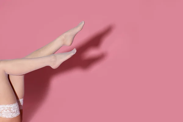 Beautiful Female Legs White Stockings Pink Background Space Text — Zdjęcie stockowe