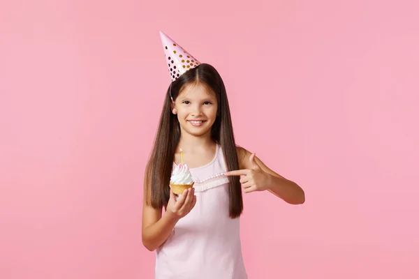 Happy Little Birthday Girl Party Cone Pointing Cupcake Pink Background — Stock Fotó