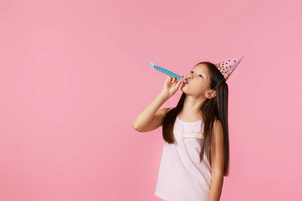 Happy Little Birthday Girl Party Cone Hat Whistle Pink Background —  Fotos de Stock