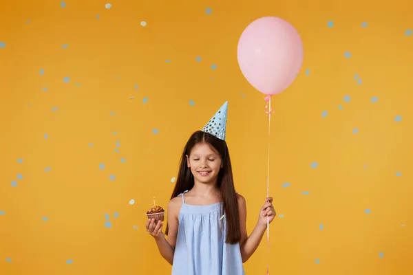 Birthday Little Child Girl Party Cone Holding Cupcake Balloon Making — Zdjęcie stockowe