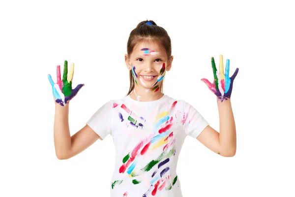 Happy Little Child Girl Hands Painted Colorful Paint Isolated White — Stock Fotó