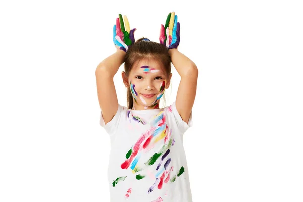 Funny Little Child Girl Hands Painted Colorful Paint Isolated White — Stock Fotó