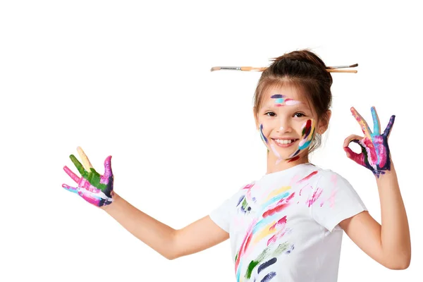 Happy Little Child Girl Hands Painted Colorful Paint Showing Sign — 스톡 사진