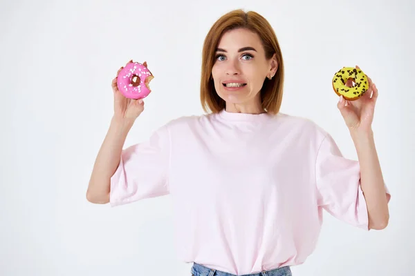 Smiling Beautiful Blonde Woman Holding Dessert Sweet Glaze Isolated White — Foto de Stock