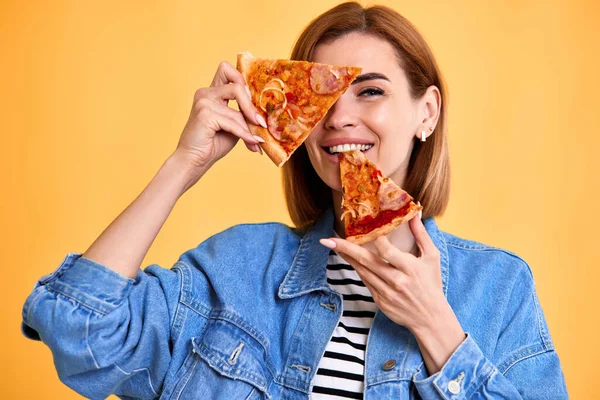 Beautiful Happy Woman Covering Her Eyes Slice Fresh Pizza Yellow — Foto de Stock