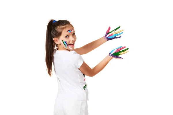 Happy Little Child Girl Showing Hands Painted Colorful Paint Isolated — 스톡 사진