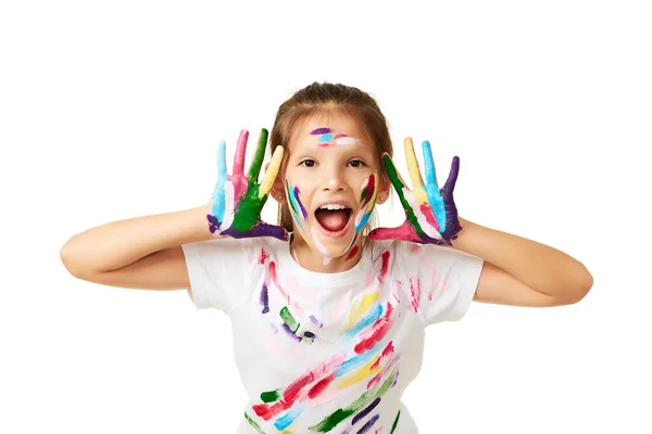 Very Excited Little Child Girl Hands Painted Paint Isolated White — 스톡 사진