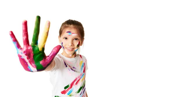 Happy Little Child Girl Showing Hands Painted Colorful Paint White — 스톡 사진