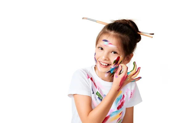 Funny Child Girl Colorful Paint Paintbrush Hair White Background — 스톡 사진