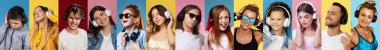 Set of portraits of boys and girls, men and women in headphones listening to music, dancing, singing on multicolored studio background