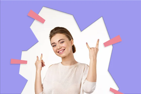 Smiling Young Woman Showing Rock Roll Hand Violet Background — Stockfoto