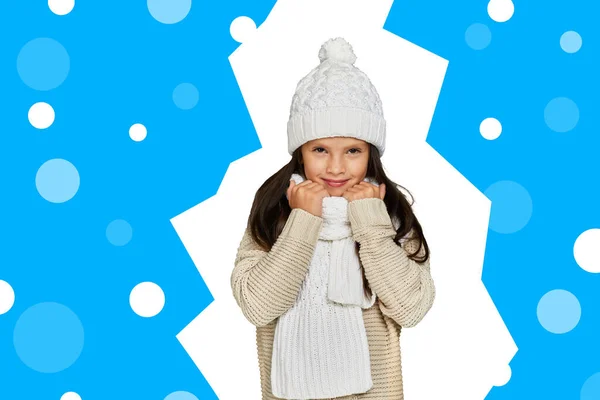 Smiling Cheerful Child Girl White Winter Knitted Hat Sweater Blue — Φωτογραφία Αρχείου