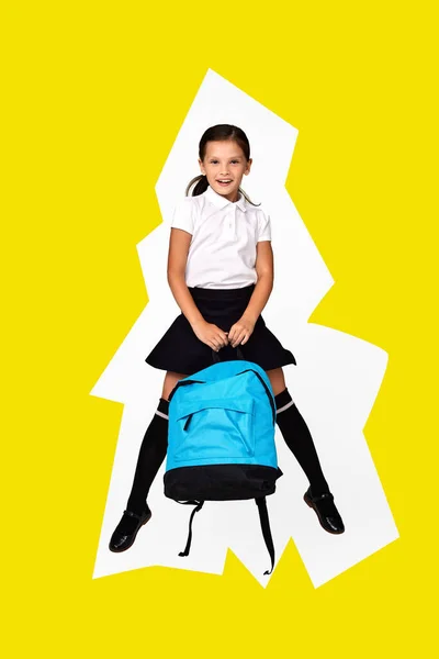 Smiling Little Pupil Jumping Blue Backpack Happy Child Ready Learn — 스톡 사진